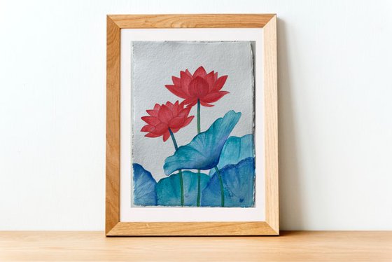 Red lotus ! A3 size Painting on Indian handmade paper