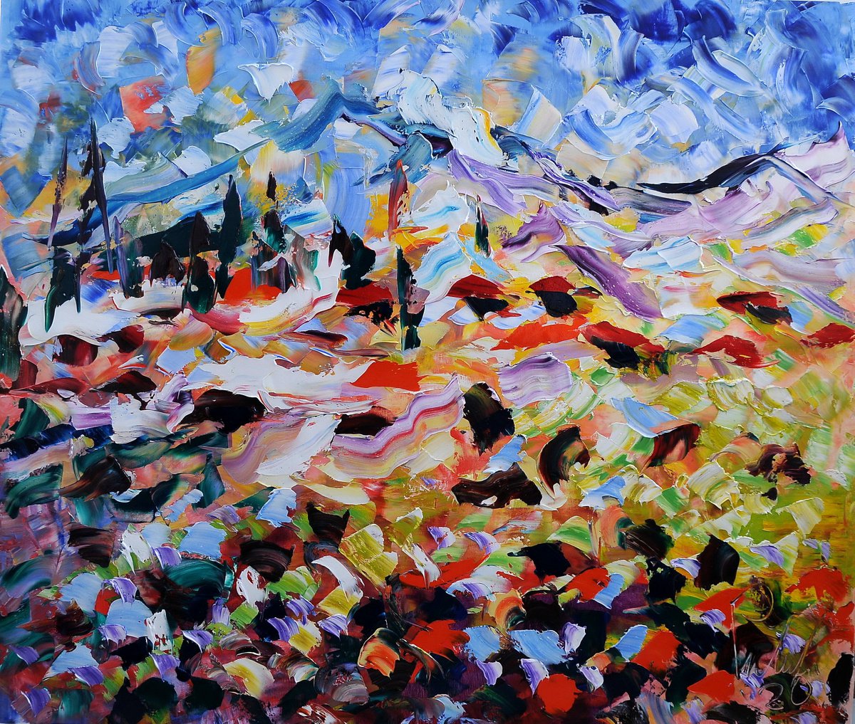 Impressionistic Abstract Oil Painting By Antonino Puliafico, 49 X 39, Riflessi Nel Prato, Original Artwork