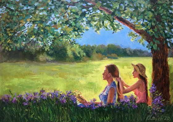 Relax minutes under green tree, Realistic landscape, Israeli Art