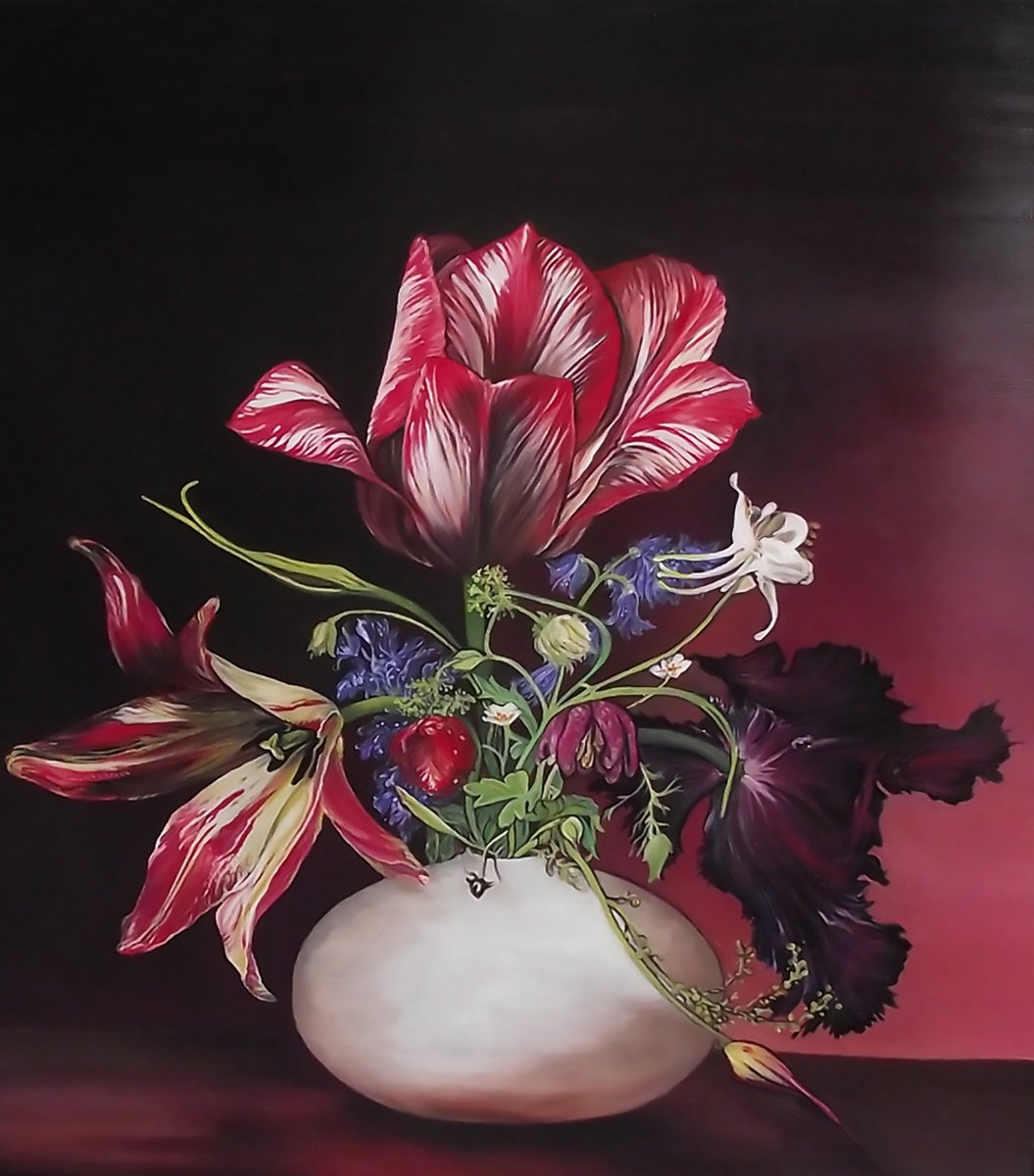 White and Red striped tulips bouquet still life by Safir and Rifas Art