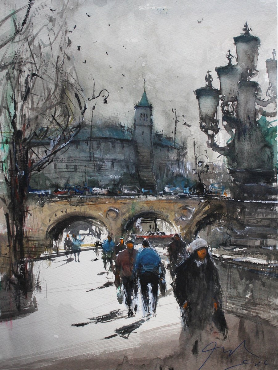 Impressionistic Watercolour , Strolling Along The River Seine By Maximo Damico, 11 X 15, Artwork For Sale On Artfinder