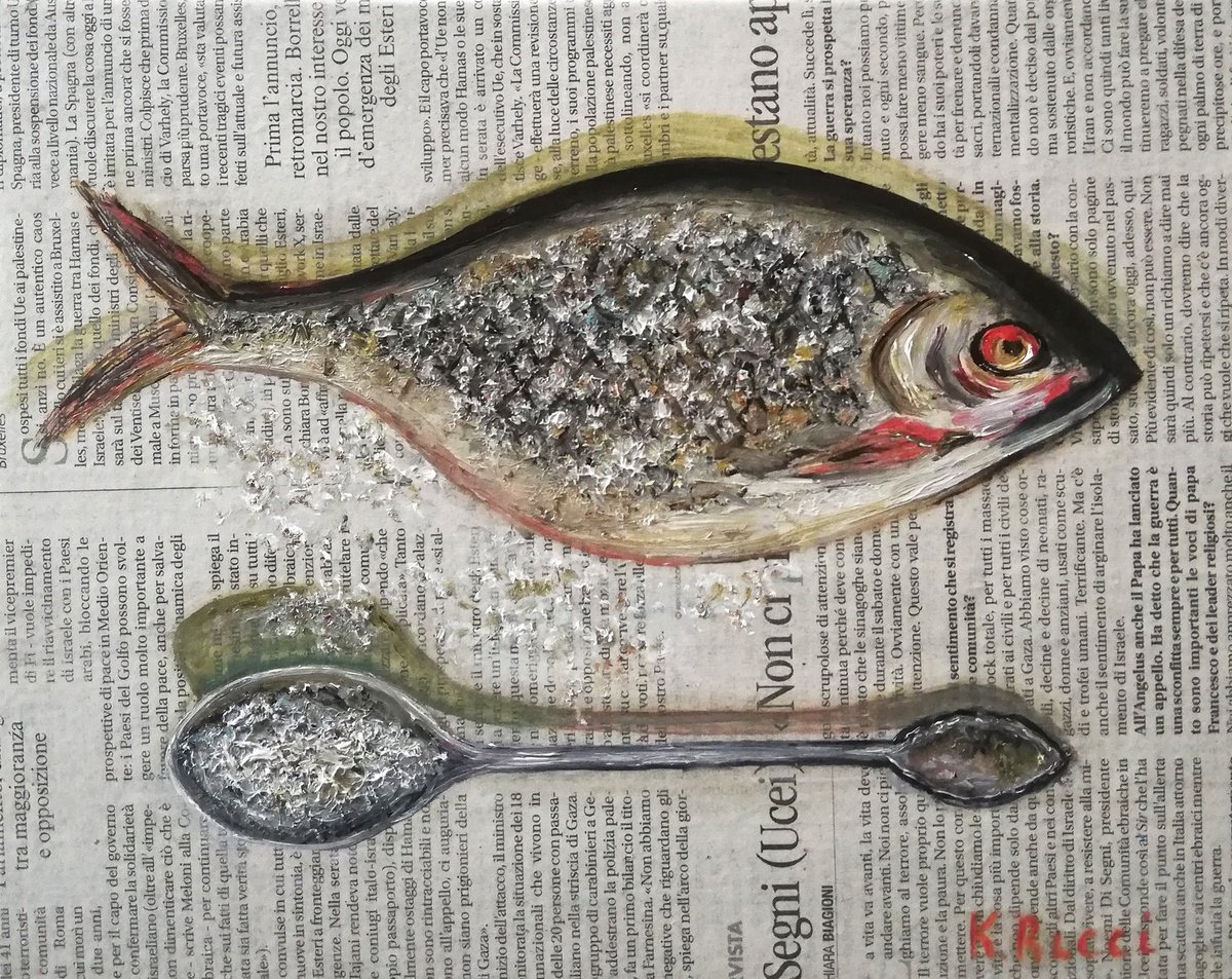 Impressionistic Still Life Oil Painting By Katia Ricci, 10 X 8", Fish With Spoon Of Salt, Original Artwork