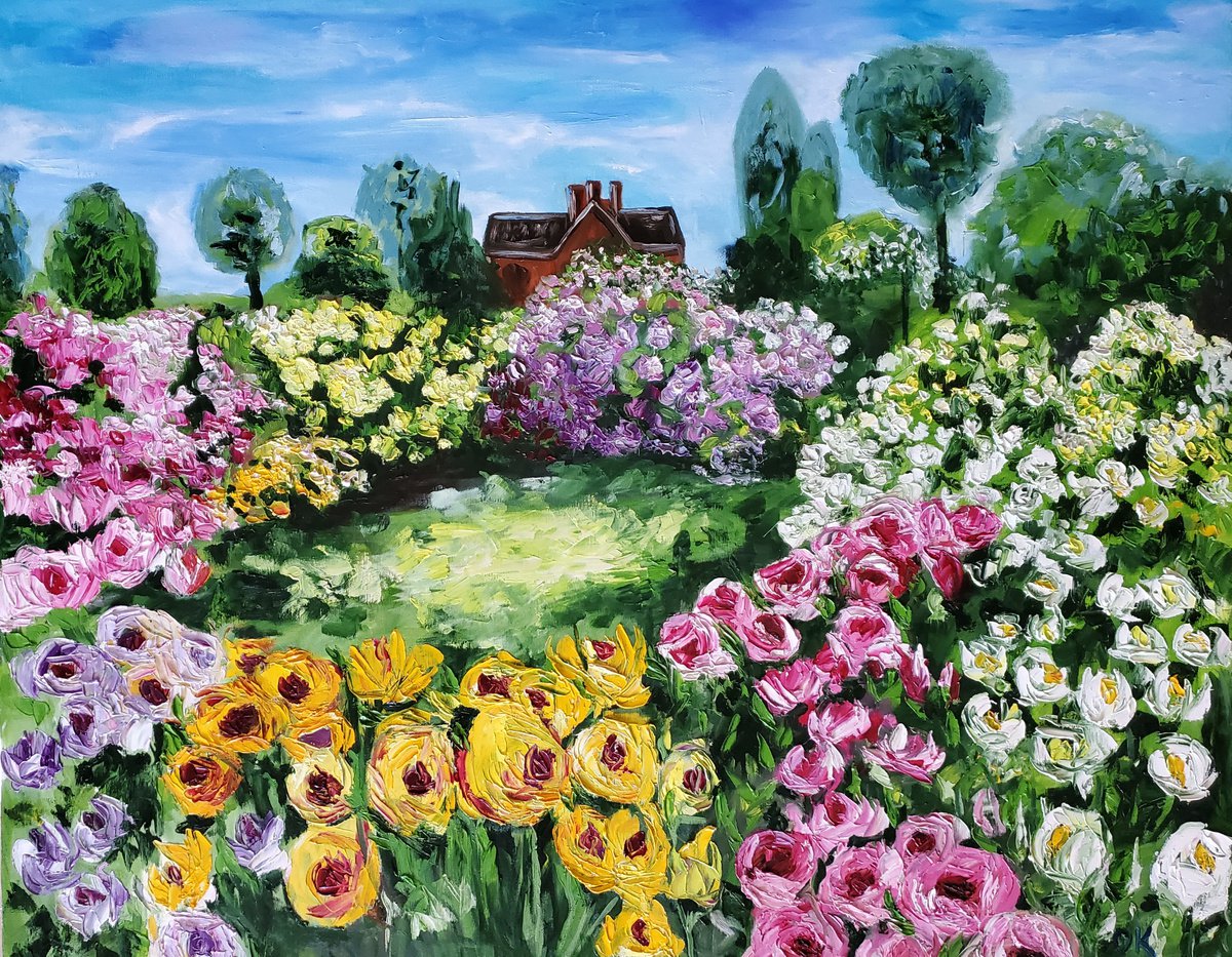 English Garden, roses, summer , village, 40 x 32 inches, ready to hand by Olga Koval