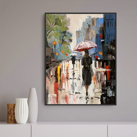 Woman in a rainy city.