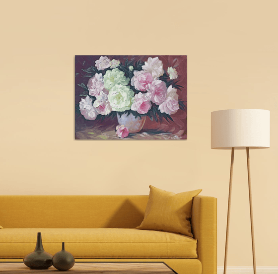 Peonies in vase (60x80cm, oil painting, palette knife)