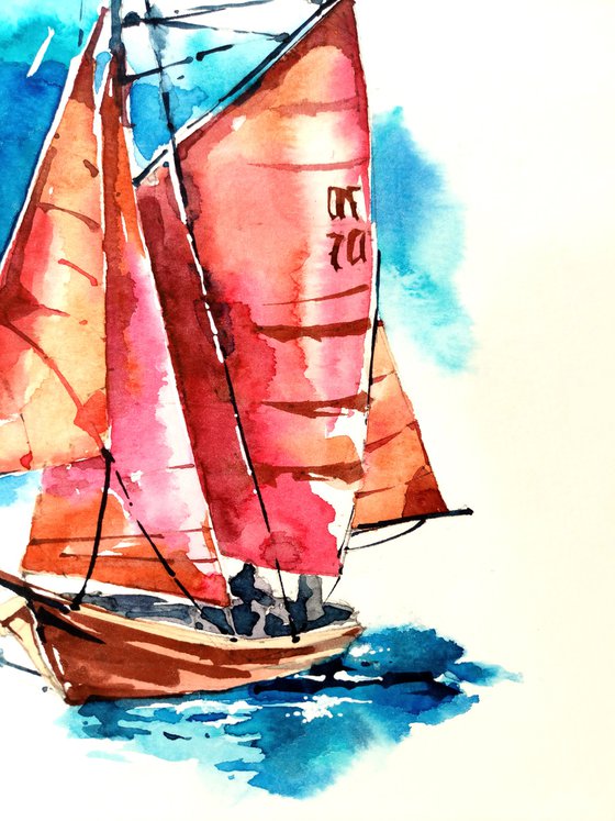 Watercolor sketch "Scarlet sails"