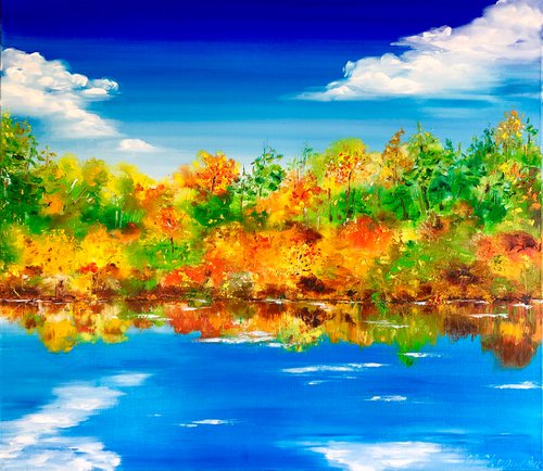 HARMONY ON THE SHORES - Autumn. October. Bright landscape. Blue river. Warm weather. Red forest. Yellow leaves. by Marina Skromova