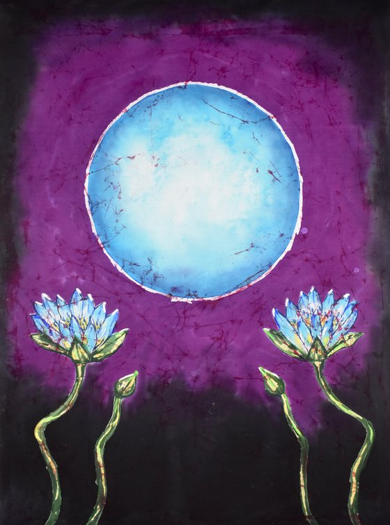 'Waterlilies at Night' - Botanical Painting with Moon