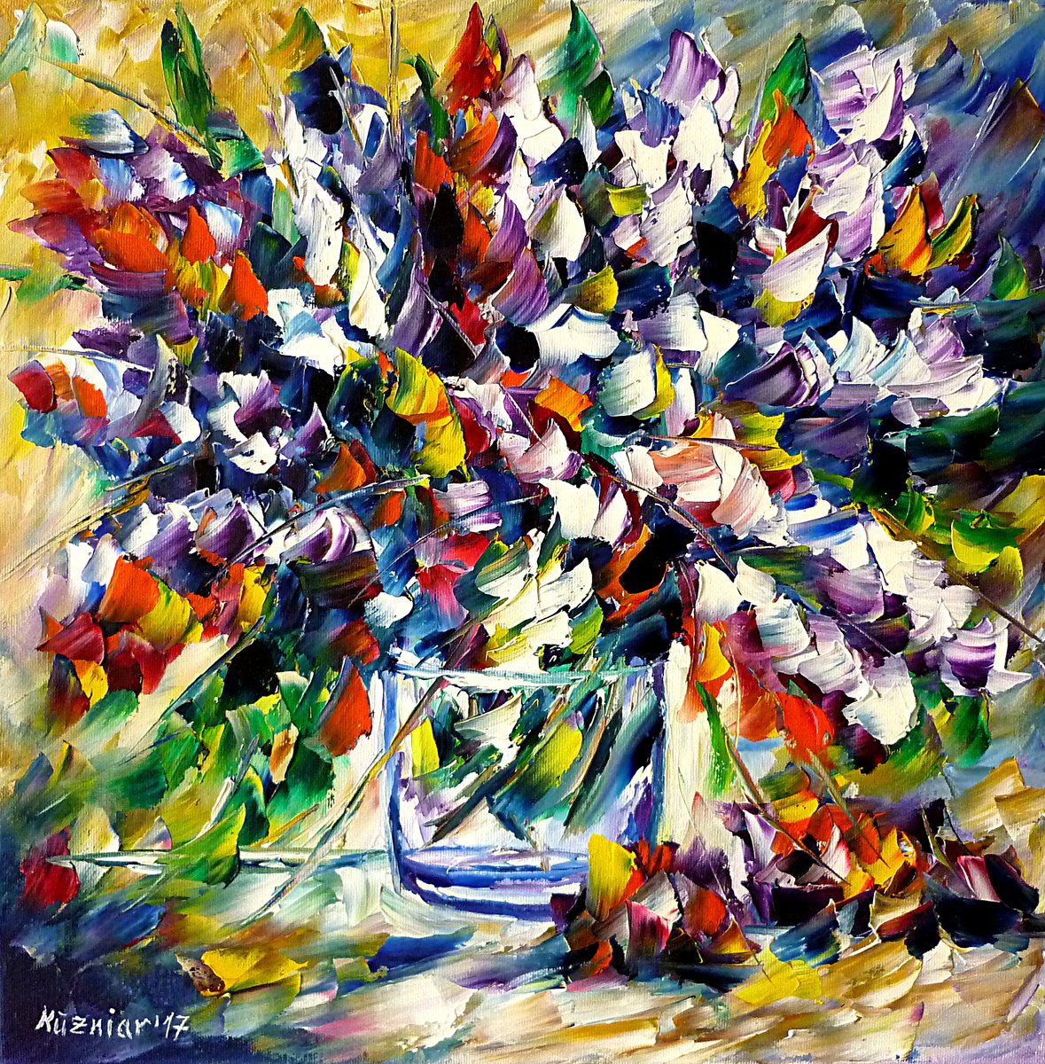 Expressive Botanical Oil Painting By Mirek Kuzniar, 16 X 16", Lilacs, Original Artwork