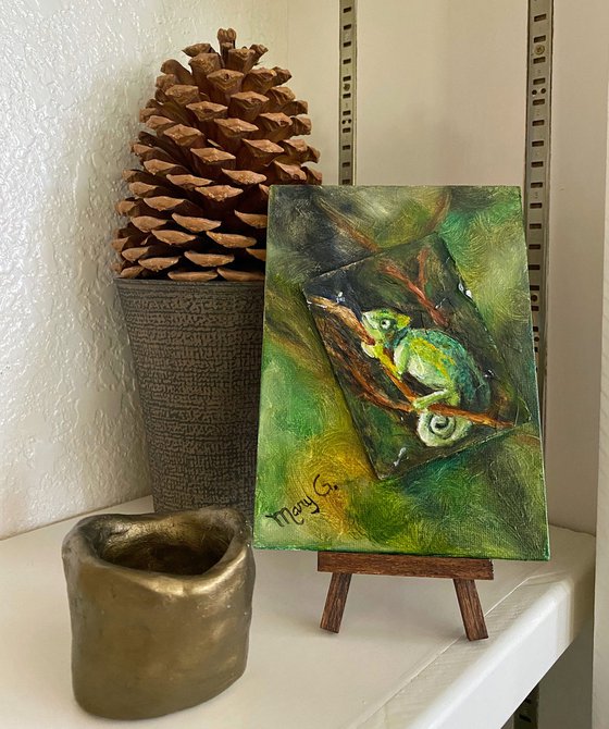 Unique chameleon oil painting collection on a 3x4 gessoed masonite mounted on gessoed panel board with easel