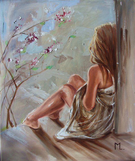 " DREAMING ABOUT ...  "  original painting window  palette knife GIFT brown