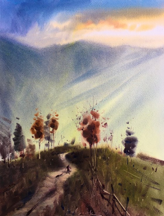 Landscape painting. Original watercolor artwork. One of a kind art.