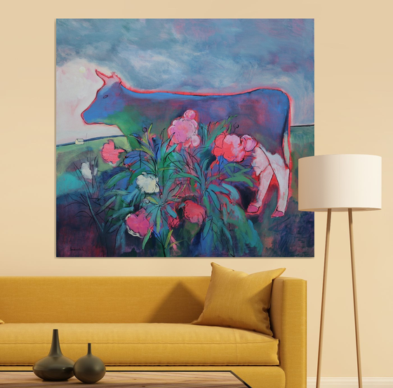 Neon Cow and Peony Bush