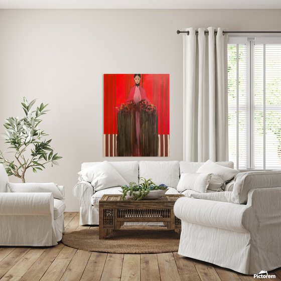 Girl in Red with Flowers