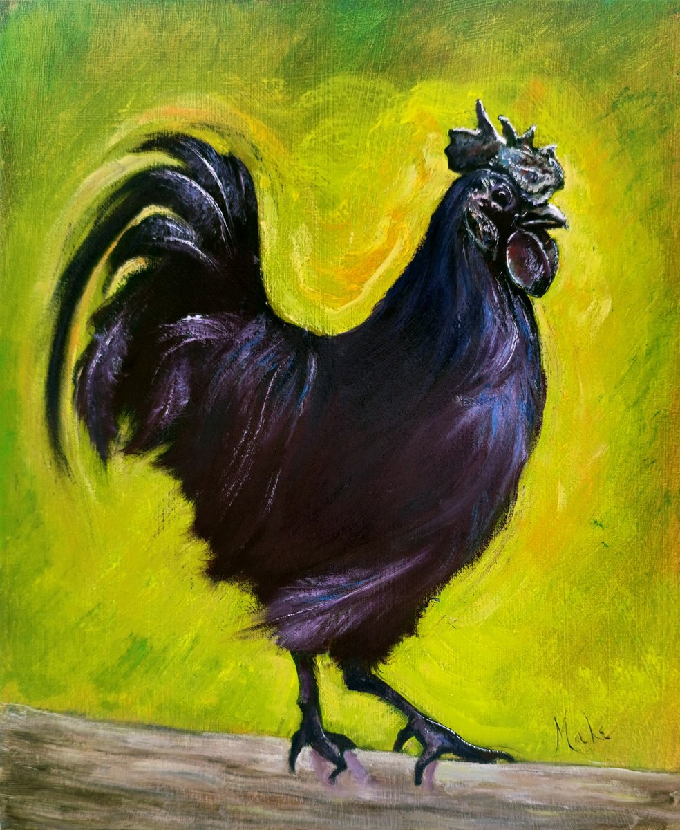 Impressionistic Animal Oil Painting By Isabel Mahe, 17 X 19, Black Cockerel, Original Artwork