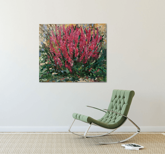 FLOWERBED - Floral art, landscape, original painting, oil on canvas, flowers in the garden, nature,  red summer flowerbed, bloom, interior art home decor, gift