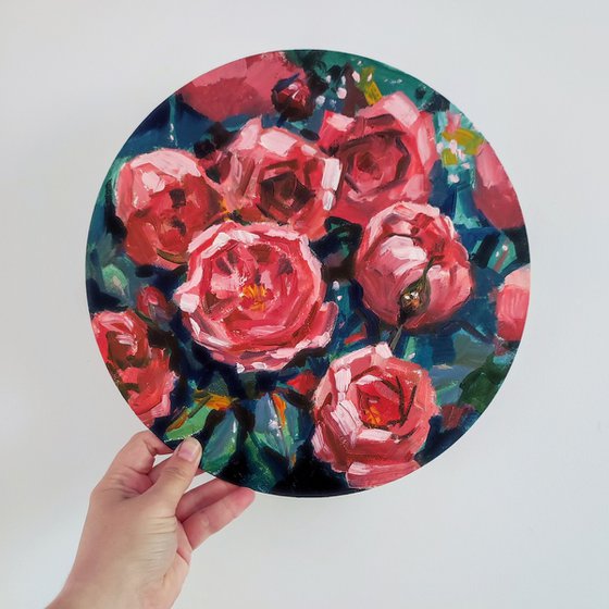 Pink Roses. Round Oil Painting
