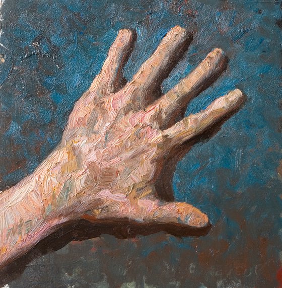 rough expressionist hands on blue background