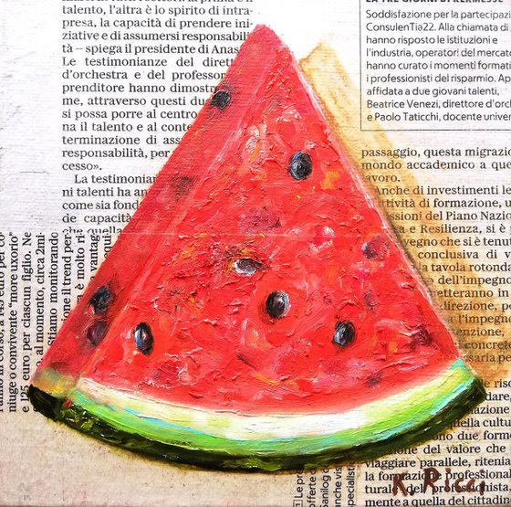 "A Slice of Watermelon on Newspaper" Original Oil on Canvas Board Painting 6 by 6 inches (15x15 cm)