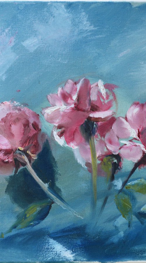 Original oil painting Roses on the marine background flowers Roses Art Home Decoration blue turquoise pink Roses Love Inspiration impressionism Garden Wall Art Rose Garden botanical by Anna Brazhnikova