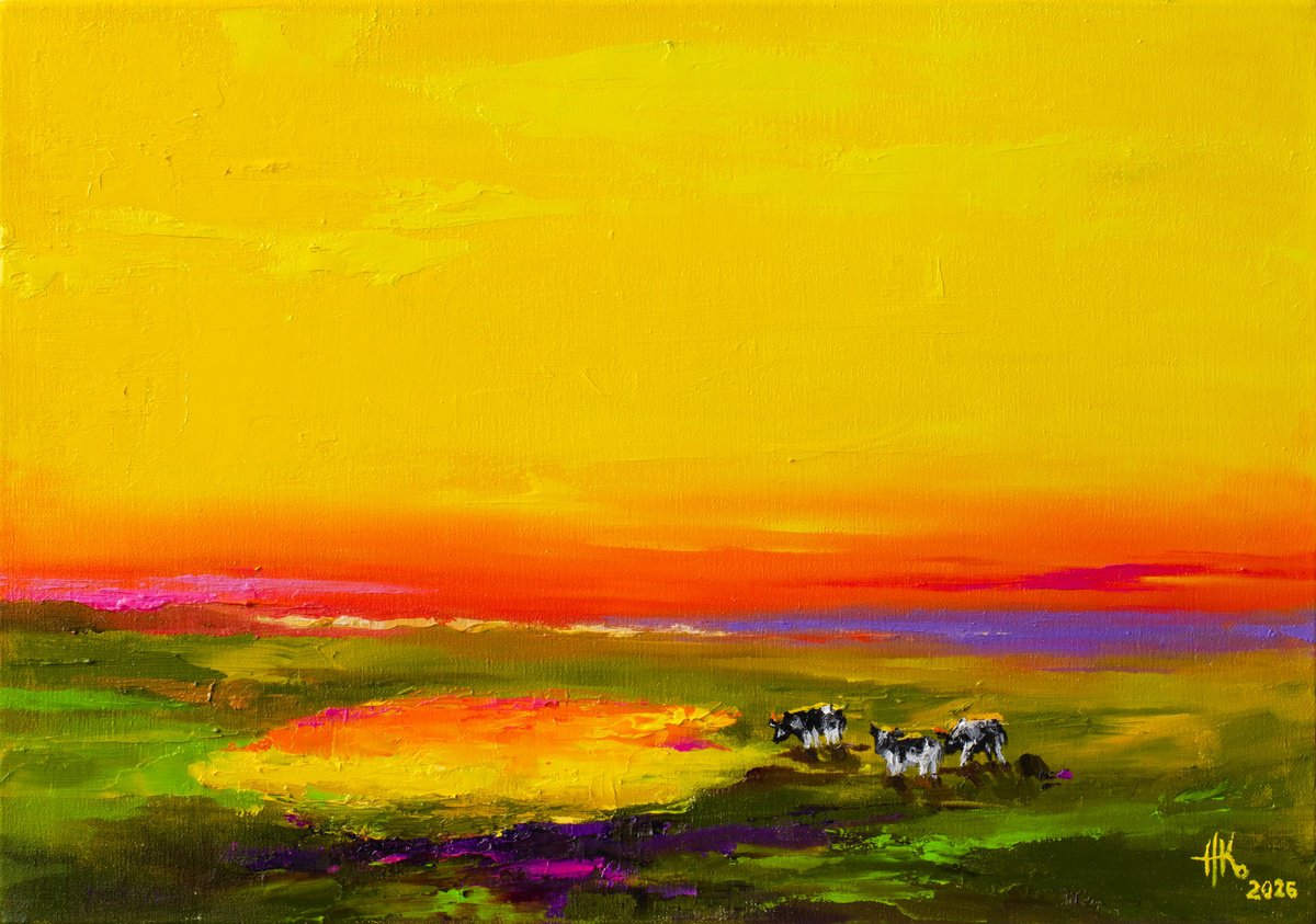 Expressive Oil Painting , Chromatic Sunset — Golden Field Glow By Zhanna Kondratenko, 20 X 14, Artwork For Sale On Artfinder