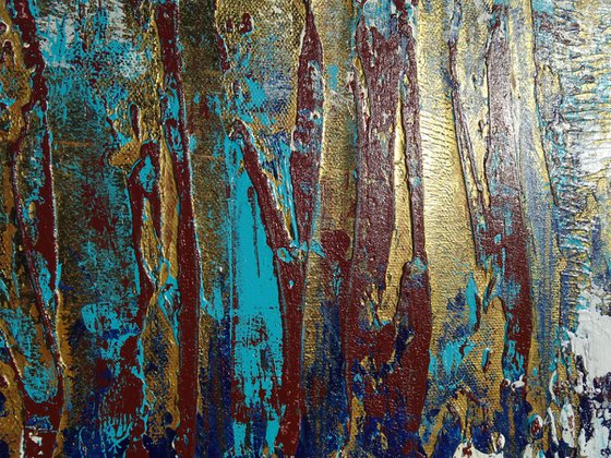 Large Abstract Painting. Modern Blue and Gold Textured Art. Painting with Structures. Triptych