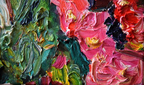 Abstract flowers impasto oil painting Spring blooming, palette knife floral home decor