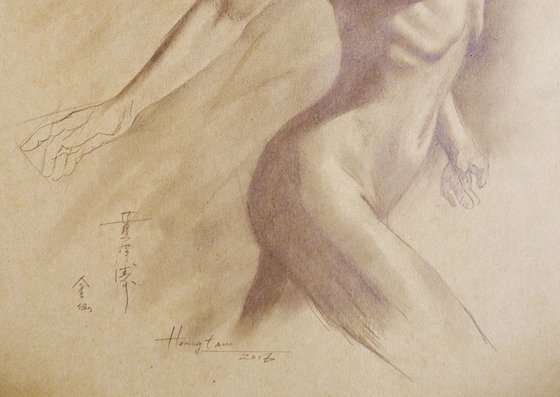 ORIGINAL DRAWING PENCIL  ART NAKED GIRL  ON BROWN PAPER#16-6-13