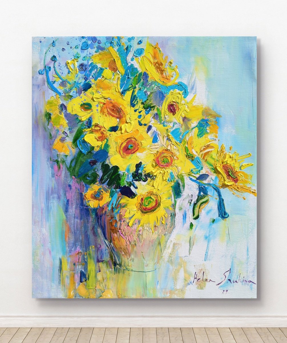 Expressive Botanical Oil Painting By Helen Shukina, 24 X 28, Sunflowers On White, Original Artwork
