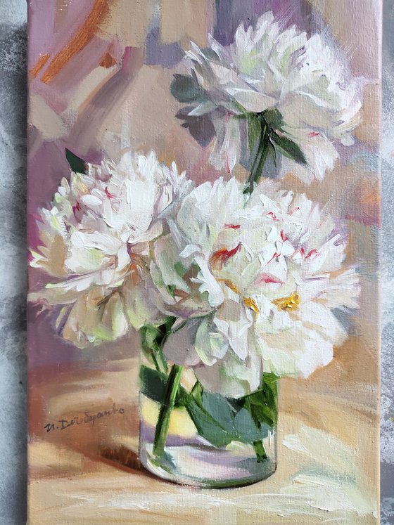 White peony art painting original, Flowers oil painting on canvas, Purity peony in glass, Floral wall art, Picture on shelf table