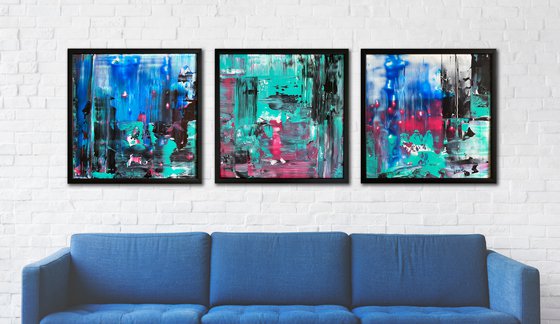 "Night Walkers" - Save As A Series - Original PMS Abstract Triptych Acrylic Paintings On Plexiglass, Framed - 78" x 26"