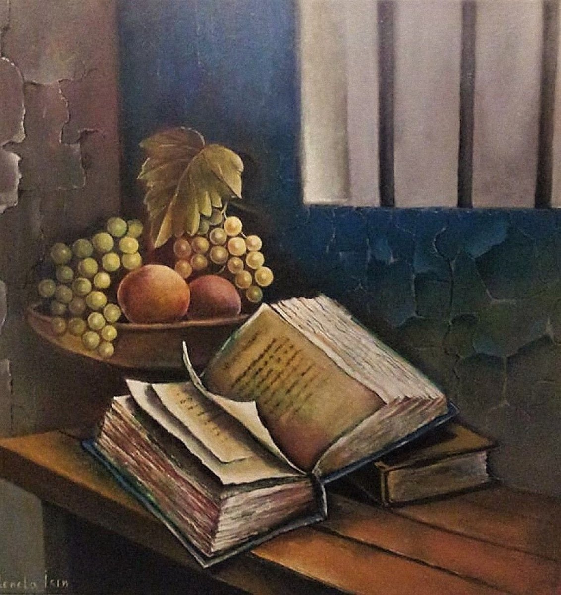 Photorealistic Still Life Oil Painting By Reneta Isin, 20 X 20", Still Life With Books And Grapes, Original Artwork