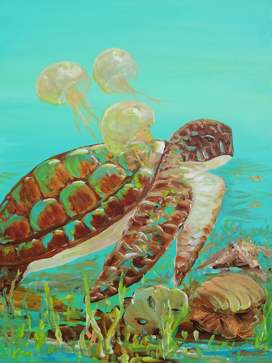 Sea Turtle, Jellyfish Acrylic Painting on Canvas 24x18. Sea Life Modern Art (2020) by Sveta Osborne
