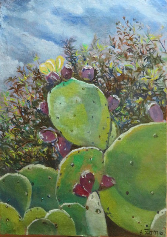 Prickly pears in Bloom, Original Oil Painting by Anne Zamo