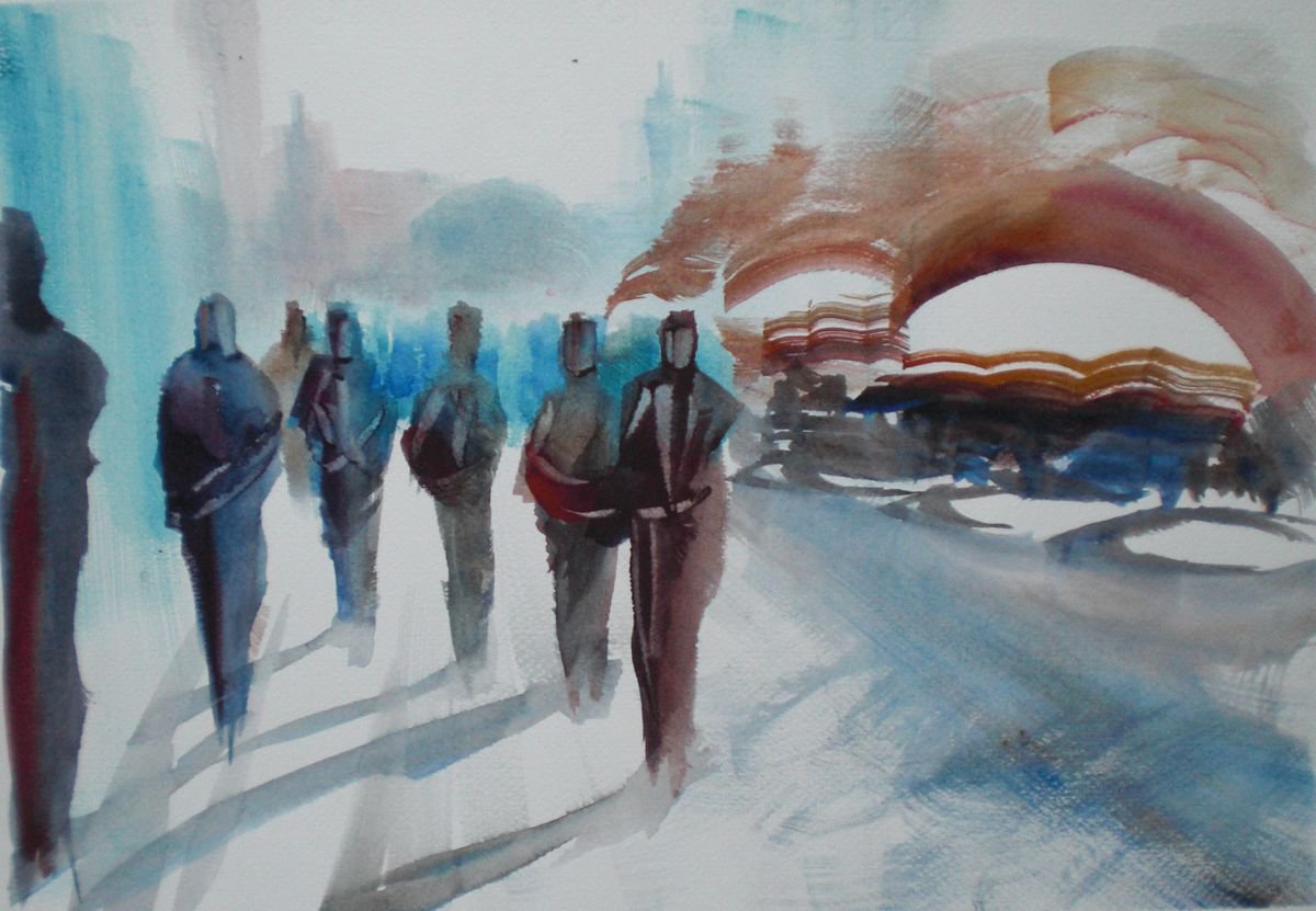 Expressive Portrait Watercolour By Giorgio Gosti, 18 X 13, Walking People 3, Original Artwork