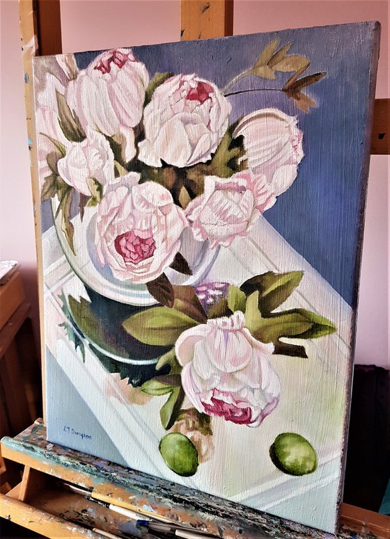 Glass Reflections with Peonies and Limes
