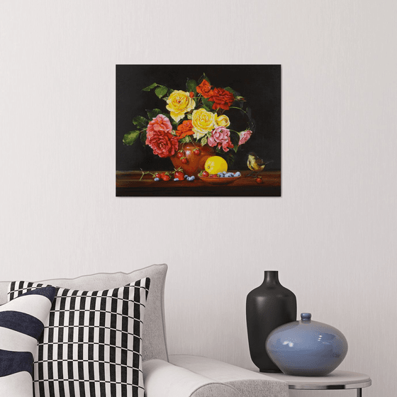 Garden Roses and Little Bird