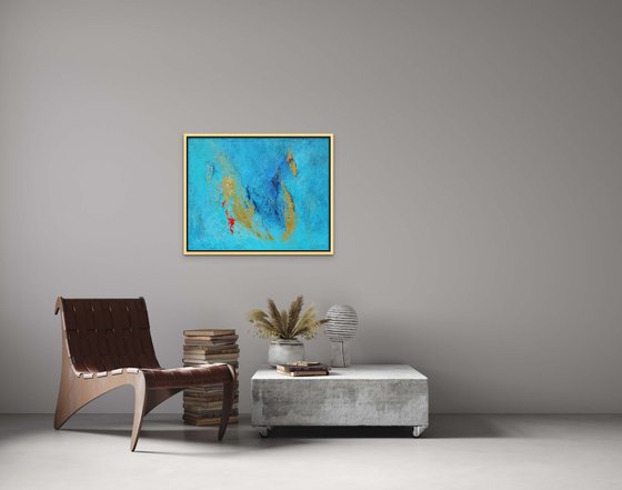 CARIBBEAN DREAM. Teal, Gold, Blue Contemporary Abstract Seascape, Ocean Waves Painting. Modern Textured Art