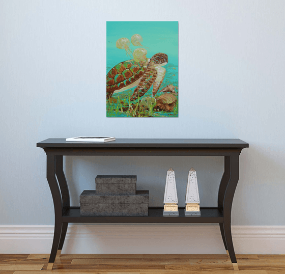 Sea Turtle, Jellyfish Acrylic Painting on Canvas 24"x18". Sea Life Modern Art (2020)