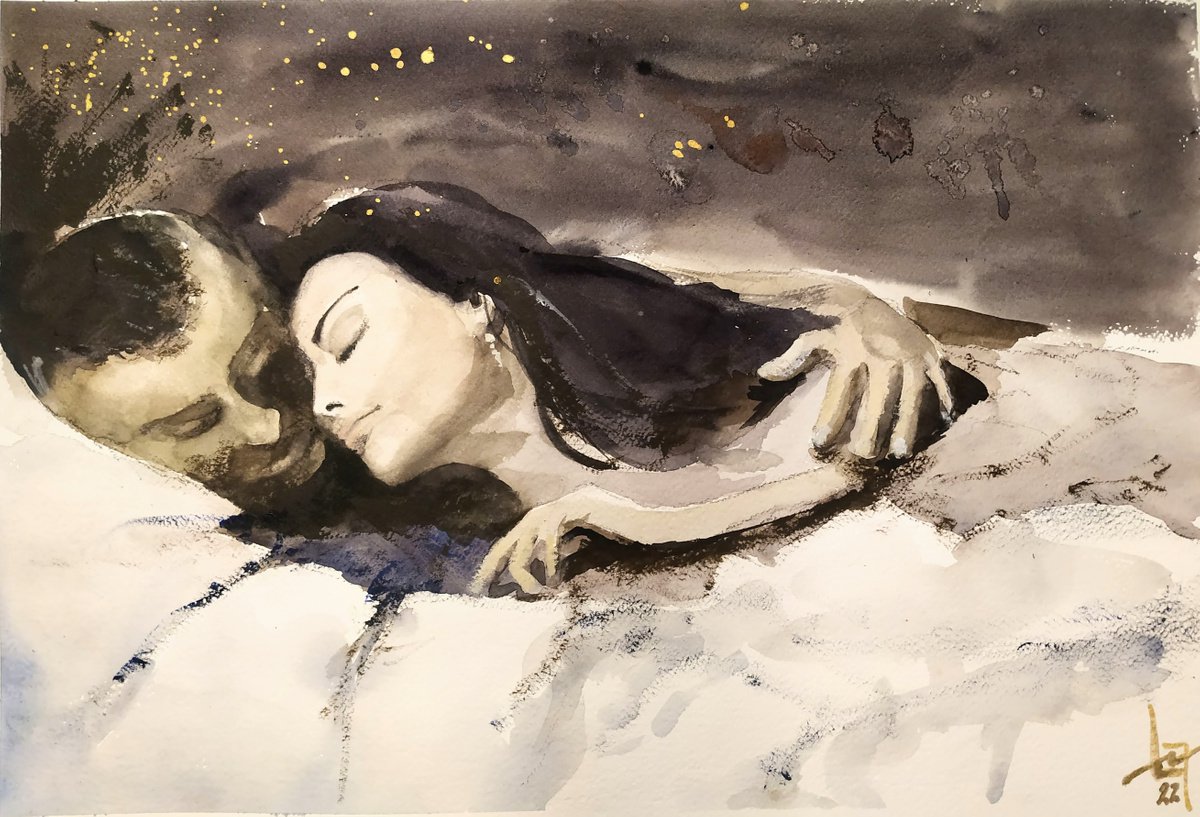 Impressionistic Portrait Watercolour By Flavio Furlan, 21 X 14, Resting Lovers, Original Artwork