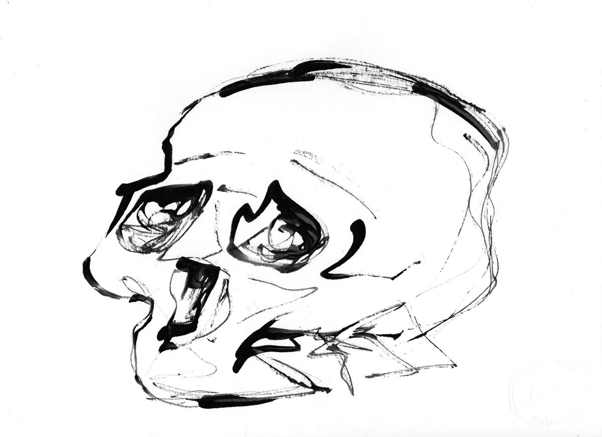 Expressive Portrait Ink Drawing By Lionel Le Jeune, 12 X 9", Skull, Original Artwork