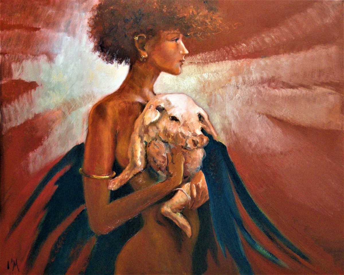 Expressive Animal Oil Painting By Isabel Mahe, 32 X 26, Lady With Suckling Pig, Original Artwork