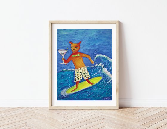 Surfing Cocktail Cat Whimsical drinking cat Humour