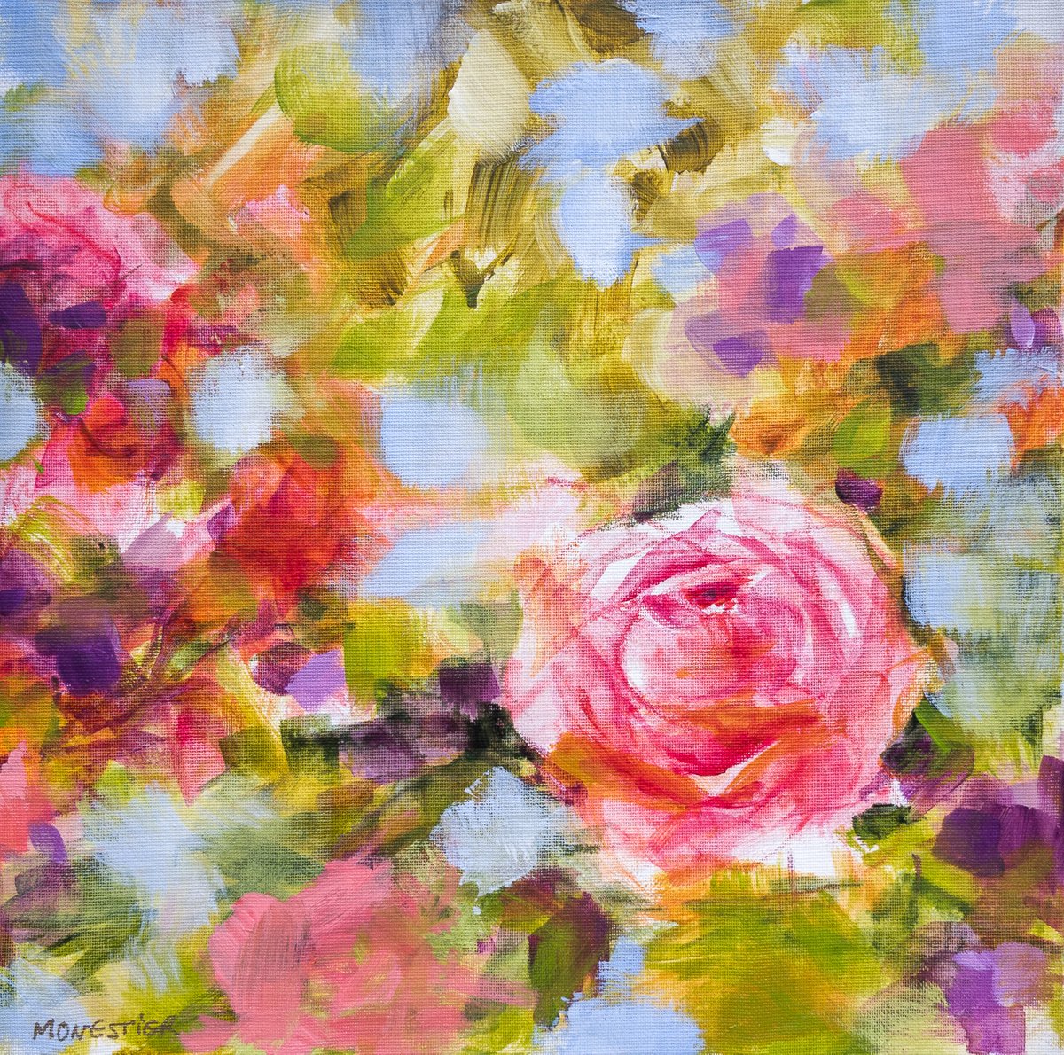 Impressionistic Botanical Acrylic Painting By Fabienne Monestier, 12 X 12, Pop Roses, Original Artwork