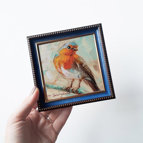 Robin bird oil painting original birding artwork, Miniature framed art