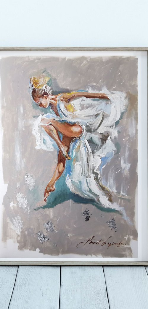 Elegance dancer girl oil painting. Dancing lady artwork. Ballerina in white dress by Annet Loginova