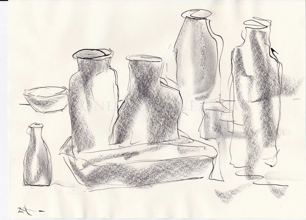 Expressive Still Life Ink Drawing By Lionel Le Jeune, 12 X 8", Still Life, Original Artwork