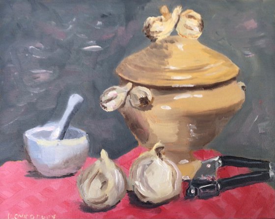 A garlic tureen, pestle and mortar and a press, oil painting.