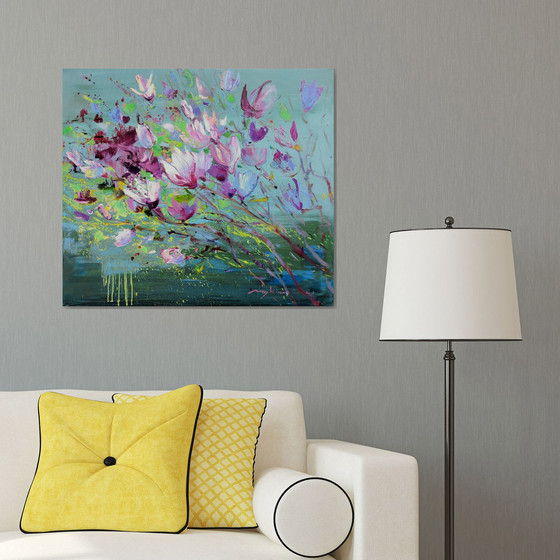 Magnolia on green blue 70x80