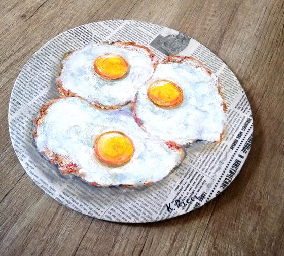 "Fried Eggs on Newspaper" Original Oil on Round Canvas Board 12 by 12 inches (30x30 cm)